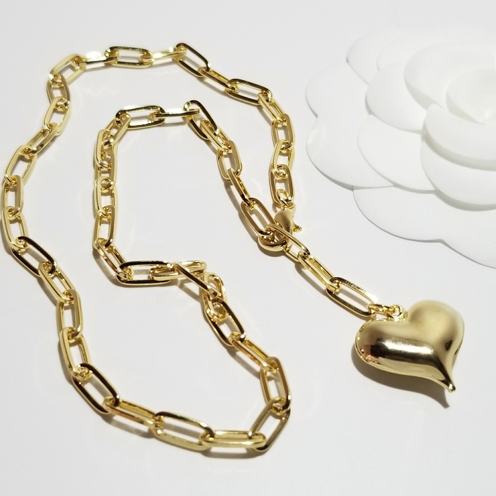 Gold Puff Heart Paperclip Choker Necklace Chain - Picture 7 of 10